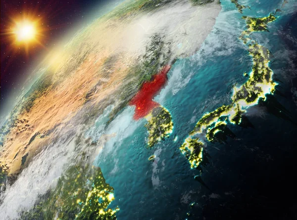 North Korea on planet Earth in sunset — Stock Photo, Image