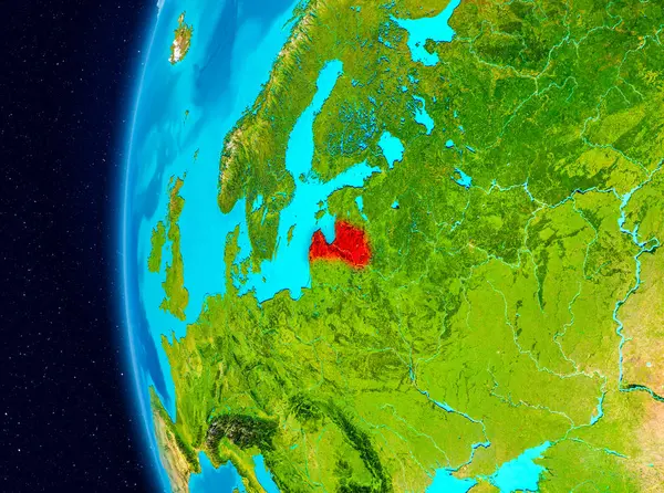 Vista espacial da Letónia em vermelho — Fotografia de Stock