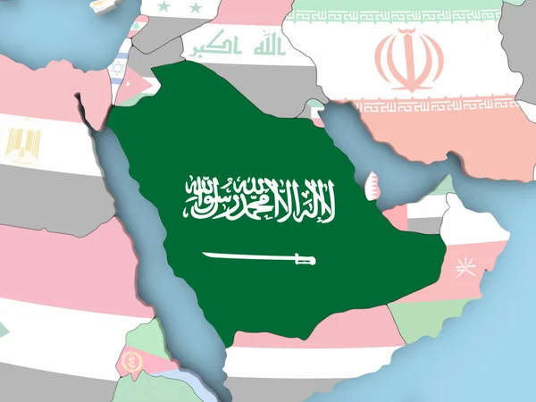 Mapa da Arábia Saudita com bandeira no globo — Fotografia de Stock