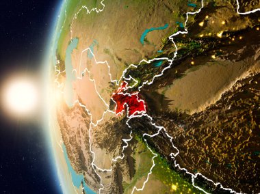 Tacikistan uzaydan yukarıda günbatımı
