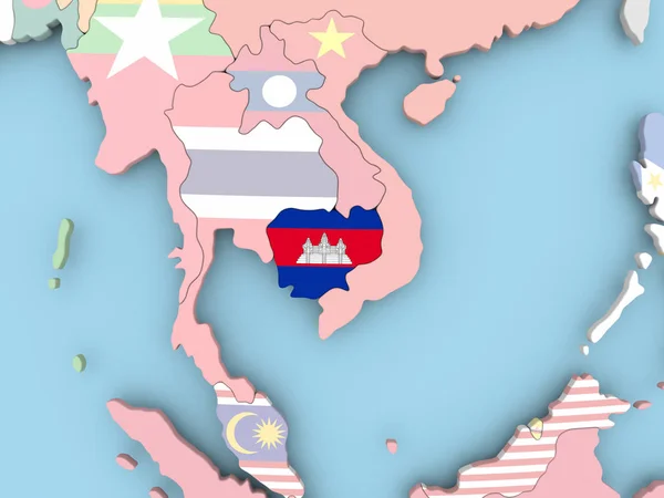 Map of Cambodia with flag on globe — Stock Photo, Image