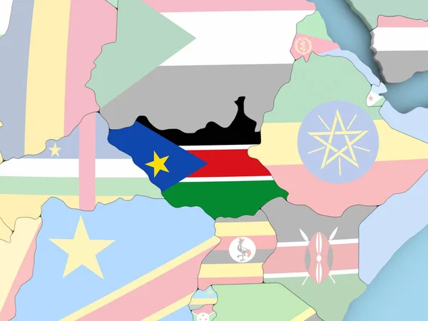 Mapa do Sudão do Sul com bandeira no globo — Fotografia de Stock