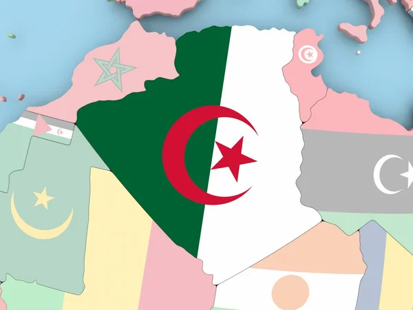Karte von Algerien mit Flagge auf Globus — Stockfoto