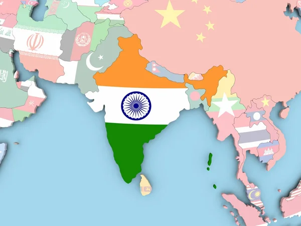 Kaart van India met de vlag op de wereldbol — Stockfoto
