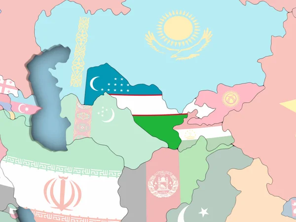 Karte von Usbekistan mit Flagge auf Globus — Stockfoto