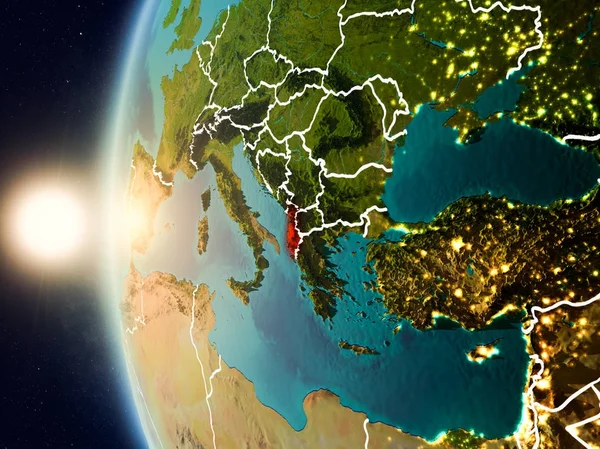 Uzaydan gelen Arnavutluk yukarıda günbatımı