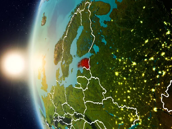Puesta de sol sobre Estonia desde el espacio — Foto de Stock