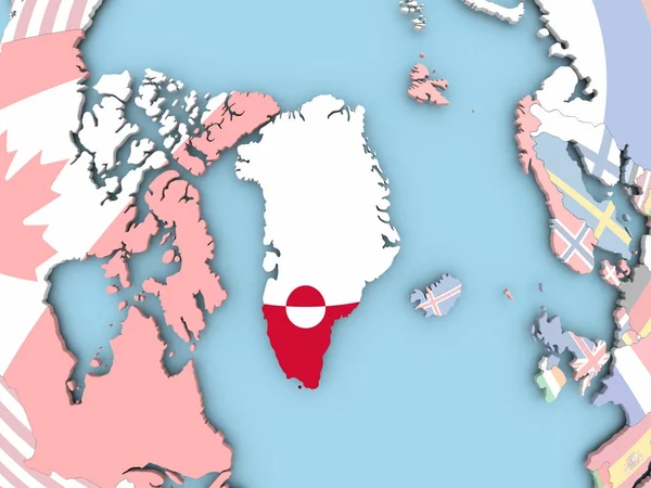 Mapa da Groenlândia com bandeira no globo — Fotografia de Stock