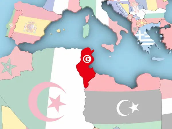 Map of Tunisia with flag on globe — Stock Photo, Image