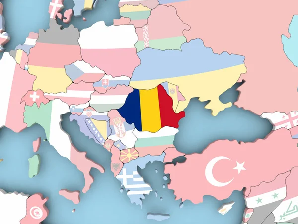 Kaart van Roemenië met vlag op de wereldbol — Stockfoto