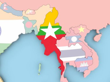 Myanmar Haritası dünya üzerinde bayrak ile