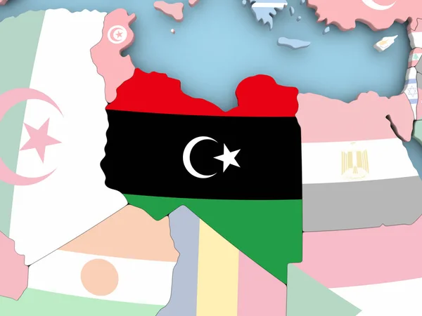 Карта Лівії з прапором по всьому світу — стокове фото