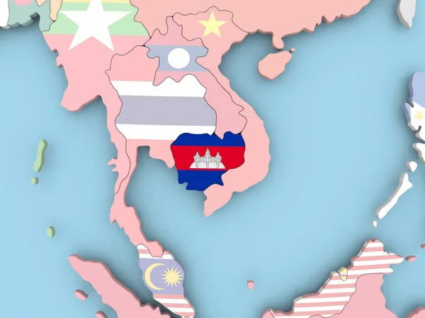 Карта Камбоджі з прапором по всьому світу — стокове фото