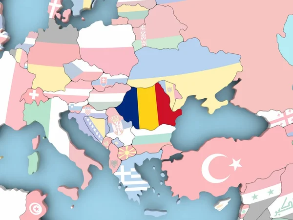 Landkarte von Rumänien mit Flagge auf Globus — Stockfoto