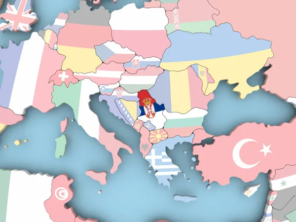 Map of Serbia with flag on globe