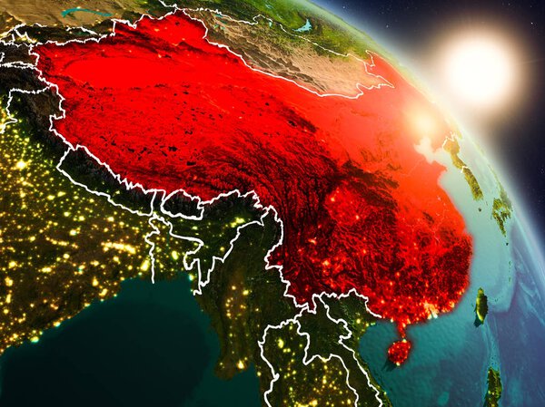 China from space during sunrise