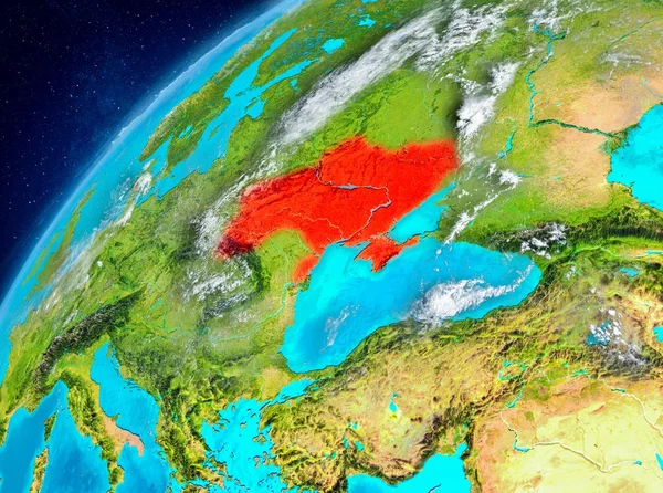 Vista espacial de Ucrania en rojo — Foto de Stock