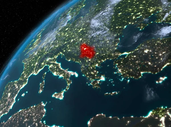 Сербия на планете Земля в космосе ночью — стоковое фото