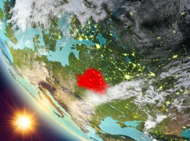 Dünya üzerindeki Beyaz Rusya yukarıda günbatımı