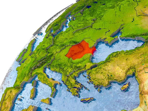 Kaart van Roemenië in het rood op wereldbol — Stockfoto