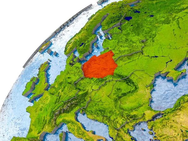 Kaart van Polen in het rood op wereldbol — Stockfoto