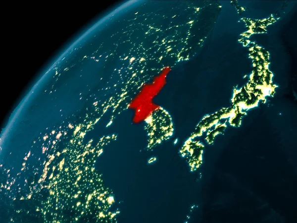 Noord-Korea in de nacht op aarde — Stockfoto