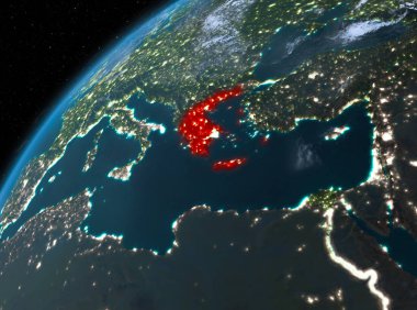 Planet Earth gece uzayda Yunanistan