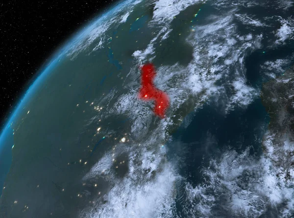 Malawi op de planeet aarde in de ruimte bij nacht — Stockfoto