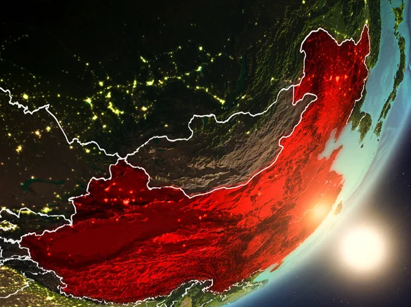 Sol saliendo por encima de China desde el espacio — Foto de Stock