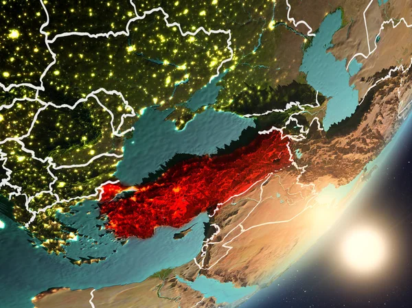 Solen stiger över Turkiet från rymden Stockbild