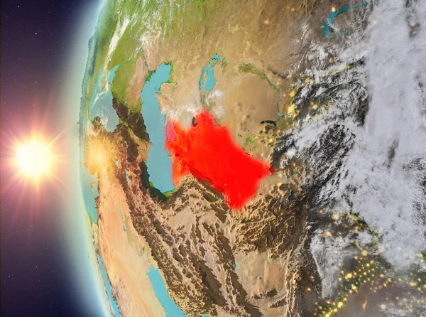 Turkmenistan podczas zachodu słońca z kosmosu — Zdjęcie stockowe