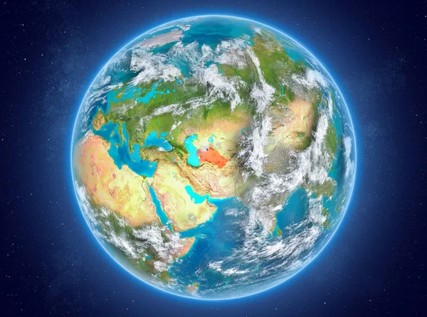 Turkmenistan op de planeet aarde in de ruimte — Stockfoto