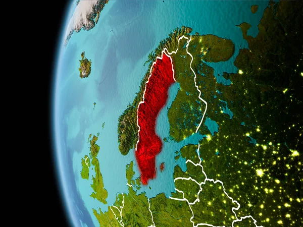 Szwecja z kosmosu w godzinach wieczornych — Zdjęcie stockowe
