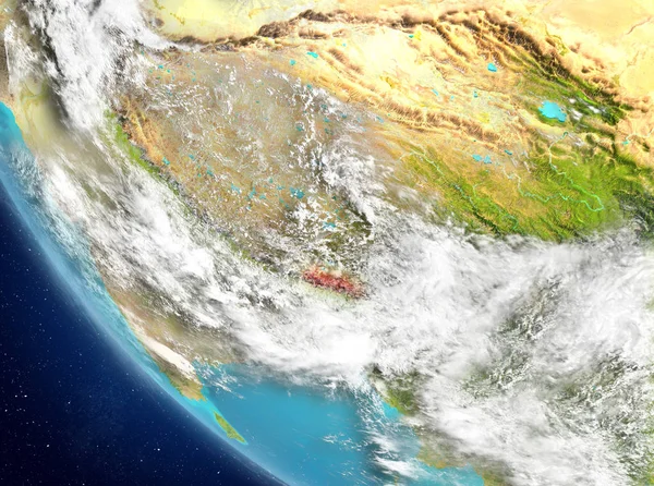 Vista satellitare del Bhutan in rosso — Foto Stock