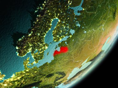 Letonya sabahları Planet Earth Kırmızı vurgulanır. 3D çizim. Nasa tarafından döşenmiş bu görüntü unsurları.