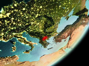 Makedonya sabahları Planet Earth Kırmızı vurgulanır. 3D çizim. Nasa tarafından döşenmiş bu görüntü unsurları.