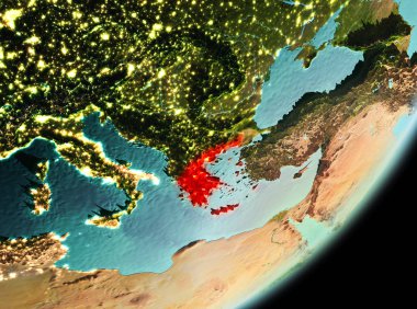 Yunanistan sabahları Planet Earth Kırmızı vurgulanır. 3D çizim. Nasa tarafından döşenmiş bu görüntü unsurları.