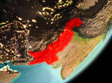 Pakistan sabahları Planet Earth Kırmızı vurgulanır. 3D çizim. Nasa tarafından döşenmiş bu görüntü unsurları.