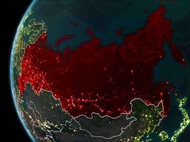Yörünge görünümü Rusya'nın kırmızı görünür sınır çizgileri ve şehir ışıkları Planet Earth geceleri altını çizdi. 3D çizim. Nasa tarafından döşenmiş bu görüntü unsurları.