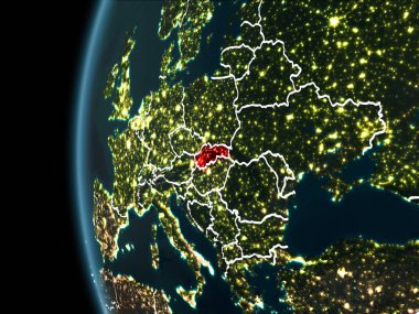 Yörünge görünümü Slovakya'nın kırmızı görünür sınır çizgileri ve şehir ışıkları Planet Earth geceleri altını çizdi. 3D çizim. Nasa tarafından döşenmiş bu görüntü unsurları.
