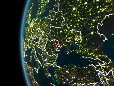 Yörünge görünümü Moldova kırmızı görünür sınır çizgileri ve şehir ışıkları Planet Earth geceleri altını çizdi. 3D çizim. Nasa tarafından döşenmiş bu görüntü unsurları.