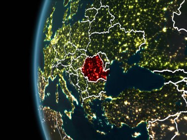 Yörünge görünümü Romanya'nın kırmızı görünür sınır çizgileri ve şehir ışıkları Planet Earth geceleri altını çizdi. 3D çizim. Nasa tarafından döşenmiş bu görüntü unsurları.