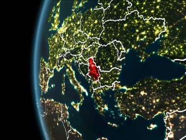 Yörünge görünümü Sırbistan kırmızı görünür sınır çizgileri ve şehir ışıkları Planet Earth geceleri altını çizdi. 3D çizim. Nasa tarafından döşenmiş bu görüntü unsurları.