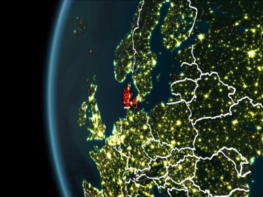 Yörünge görünümü Danimarka kırmızı görünür sınır çizgileri ve şehir ışıkları Planet Earth geceleri altını çizdi. 3D çizim. Nasa tarafından döşenmiş bu görüntü unsurları.