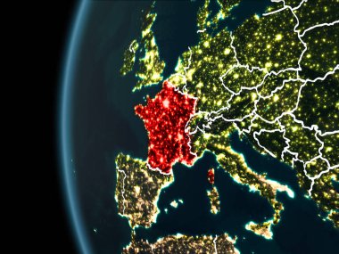 Yörünge görünümü Fransa'nın kırmızı görünür sınır çizgileri ve şehir ışıkları Planet Earth geceleri altını çizdi. 3D çizim. Nasa tarafından döşenmiş bu görüntü unsurları.