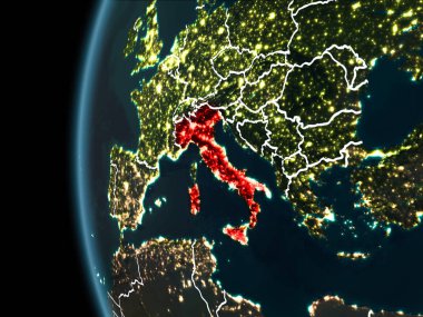 Yörünge görünümü İtalya'nın kırmızı görünür sınır çizgileri ve şehir ışıkları Planet Earth geceleri altını çizdi. 3D çizim. Nasa tarafından döşenmiş bu görüntü unsurları.