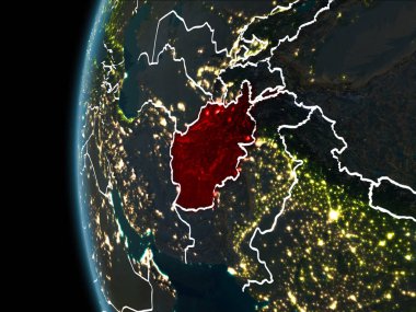 Yörünge görünümü Afganistan'ın kırmızı görünür sınır çizgileri ve şehir ışıkları Planet Earth geceleri altını çizdi. 3D çizim. Nasa tarafından döşenmiş bu görüntü unsurları.