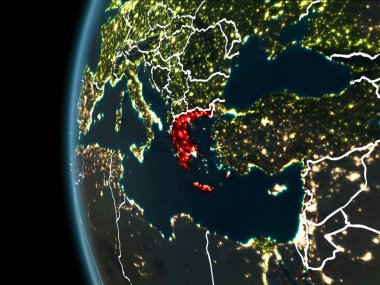 Yörünge görünümü Yunanistan kırmızı görünür sınır çizgileri ve şehir ışıkları Planet Earth geceleri altını çizdi. 3D çizim. Nasa tarafından döşenmiş bu görüntü unsurları.