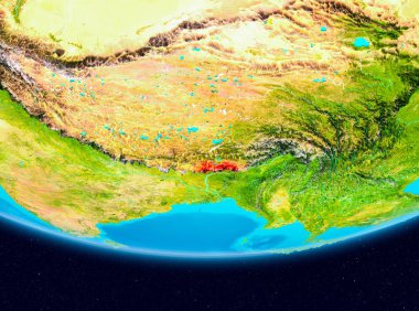 Dünya gezegeninin yörüngeden Bhutan. 3D çizim. Nasa tarafından döşenmiş bu görüntü unsurları.