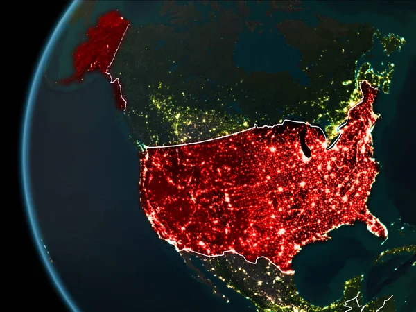 Widoku Orbita Usa Podświetlone Czerwono Widoczna Granica Miasto Światła Ziemi — Zdjęcie stockowe